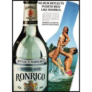 1981 Ronrico Puerto Rico Rum Vintage Print Couple White Bikini Beach Wall Art
